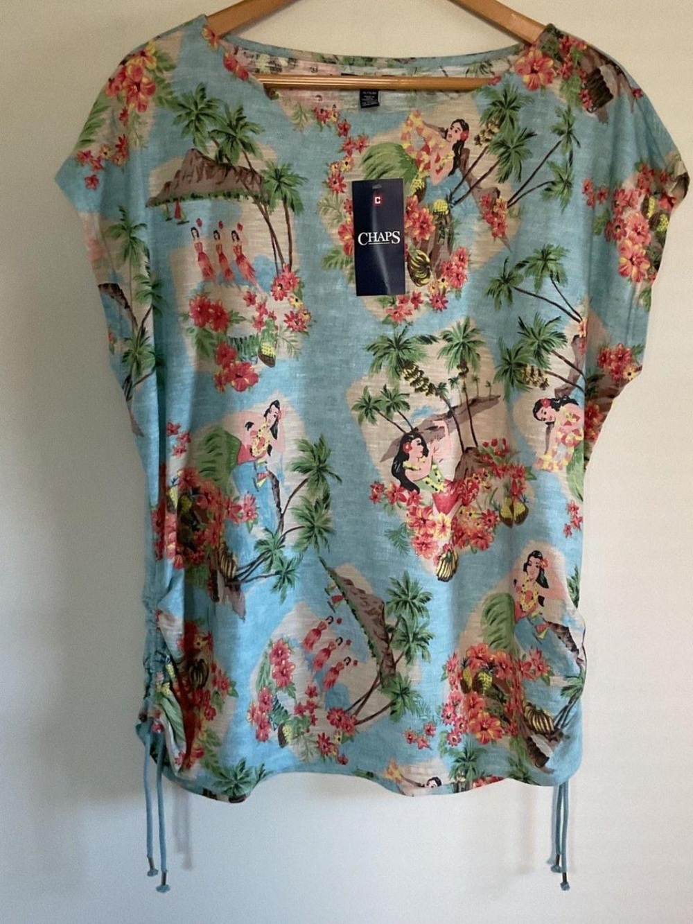 Chaps Light Blue Tropical Print Short Sleeve Tunic with Side Ties